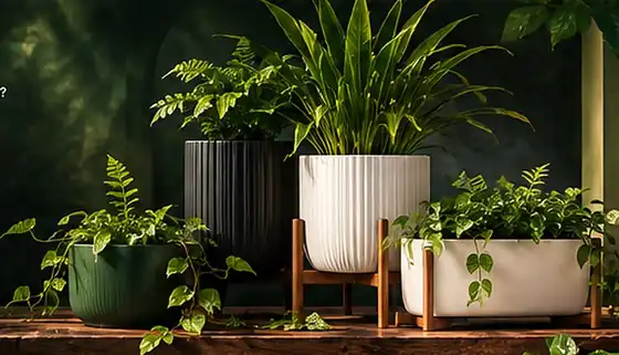 Large white and black planters on wooden stands with ferns