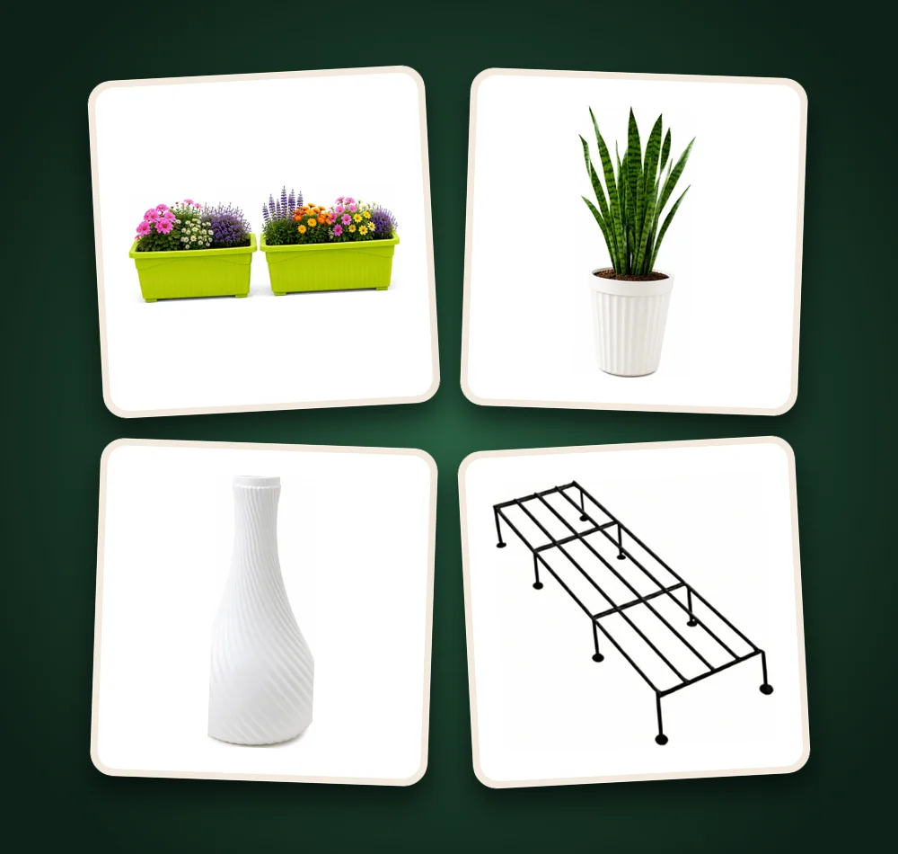 SD Gallery products: Jupiter green window planter, white Eiffel tower pot, white flower vase and metal plant stand