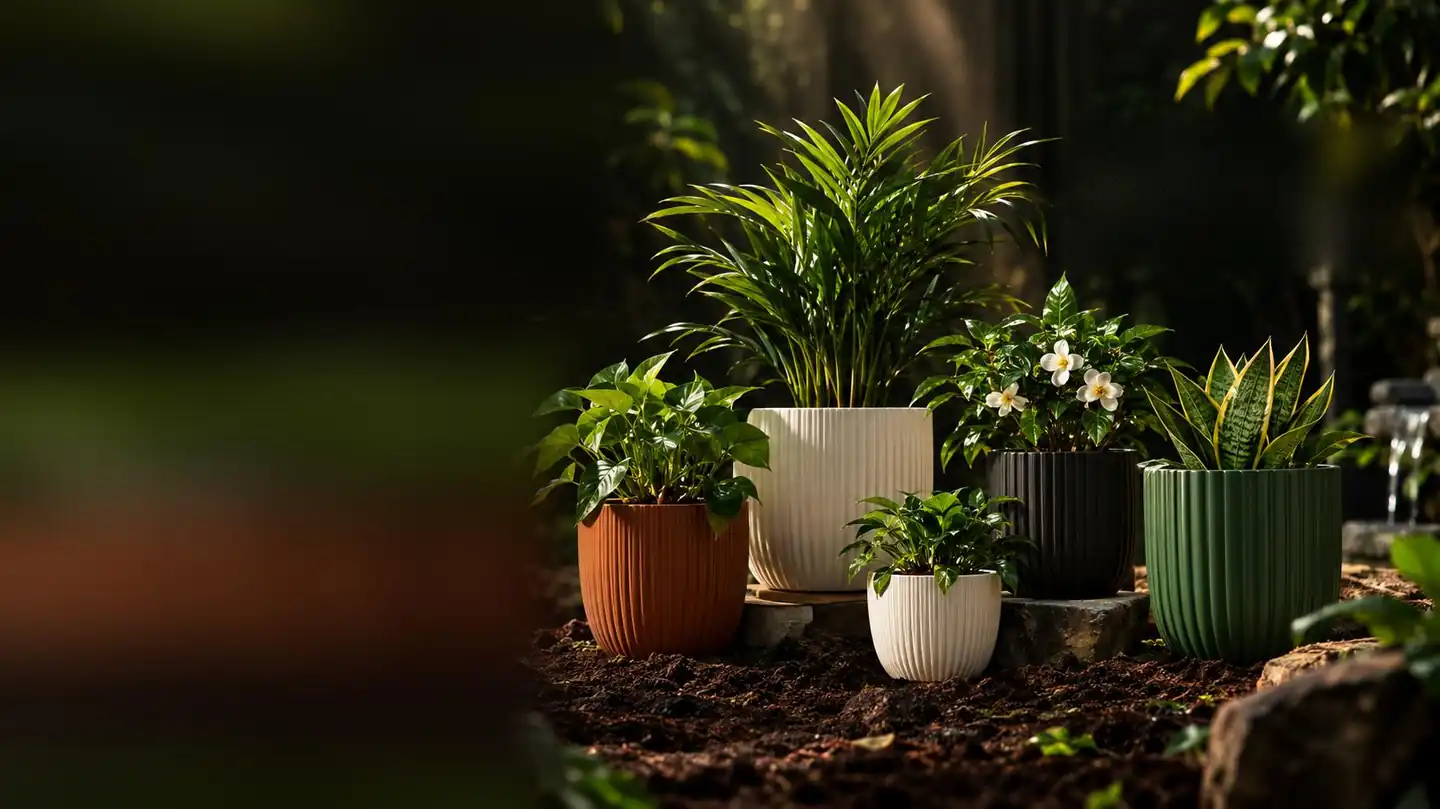 Terracotta, cream, black and green ribbed planters with healthy plants on dark garden soil in morning sunlight