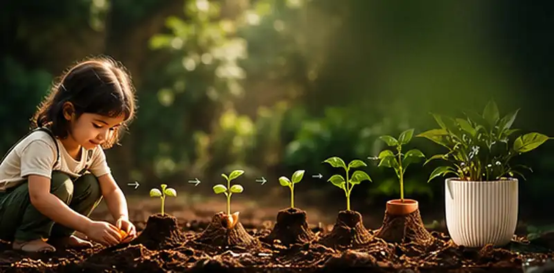 A child gently planting a seed in soil, with seedlings growing toward a healthy plant in a cream pot