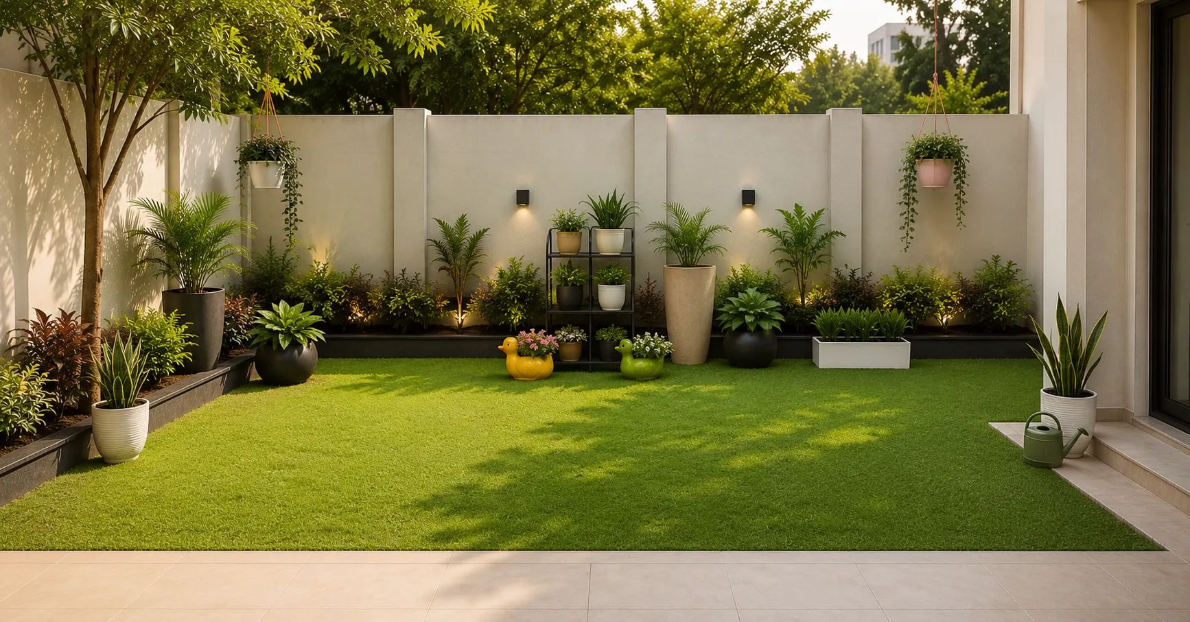 After: the same corner filled with plants in planters on stands