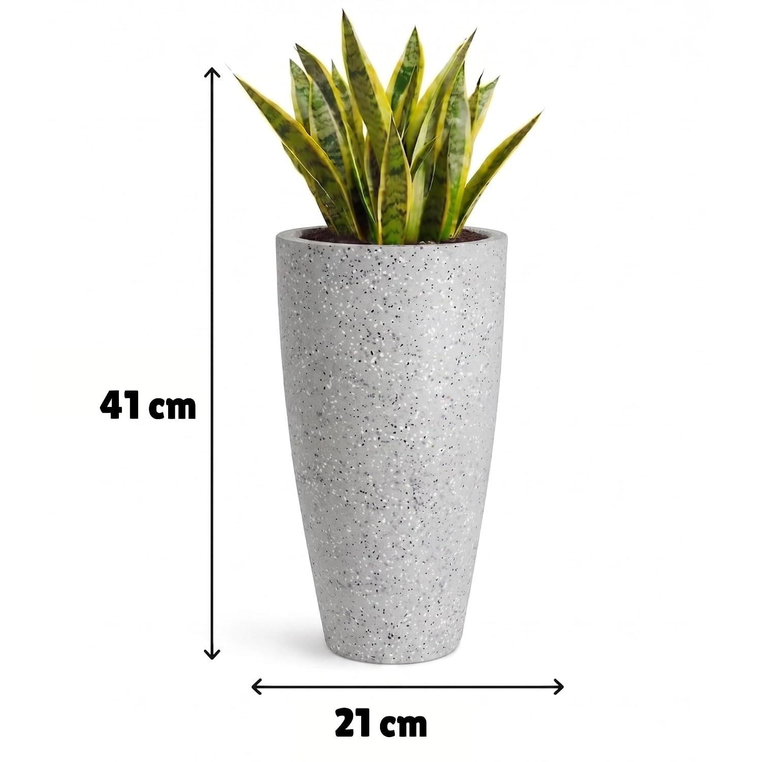 A cream ribbed pot with a leafy green plant in a dark garden
