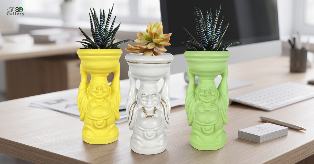 laughing buddha planter with lucky plant on office desk for wealth and peace