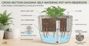 the water reservoir inside a self-watering pot