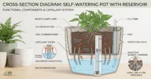 the water reservoir inside a self-watering pot