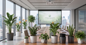 decorated with modern self-watering planters.