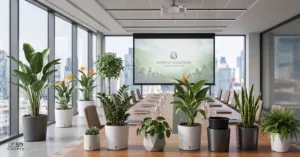 decorated with modern self-watering planters.