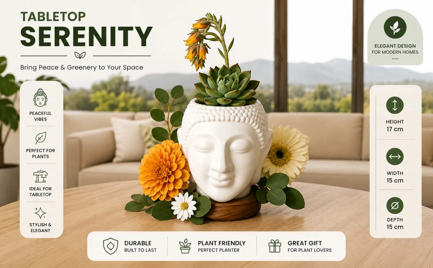 Buddha 8 inch white plastic flower pot