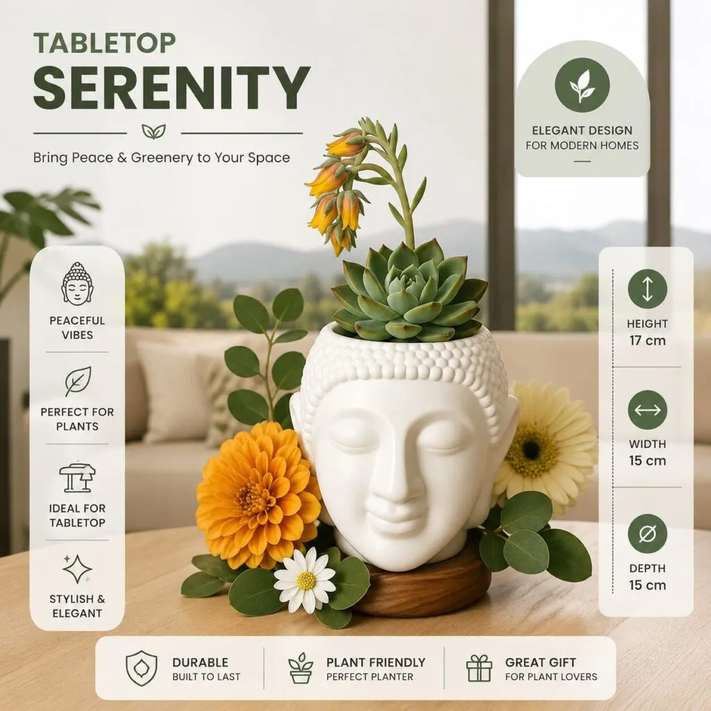 Buddha 8 inch white plastic flower pot