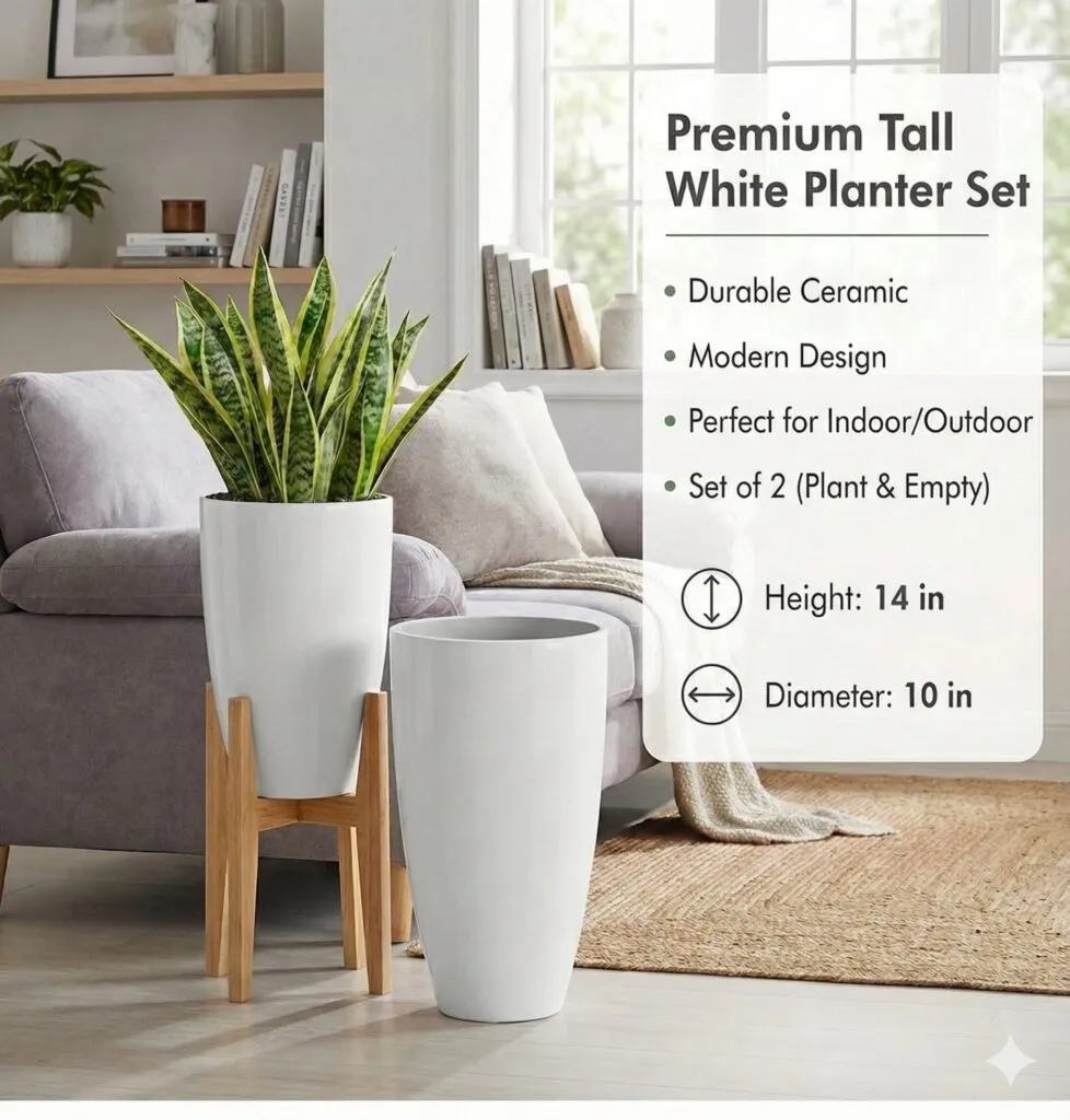 14 inch white tower plastic flower pot