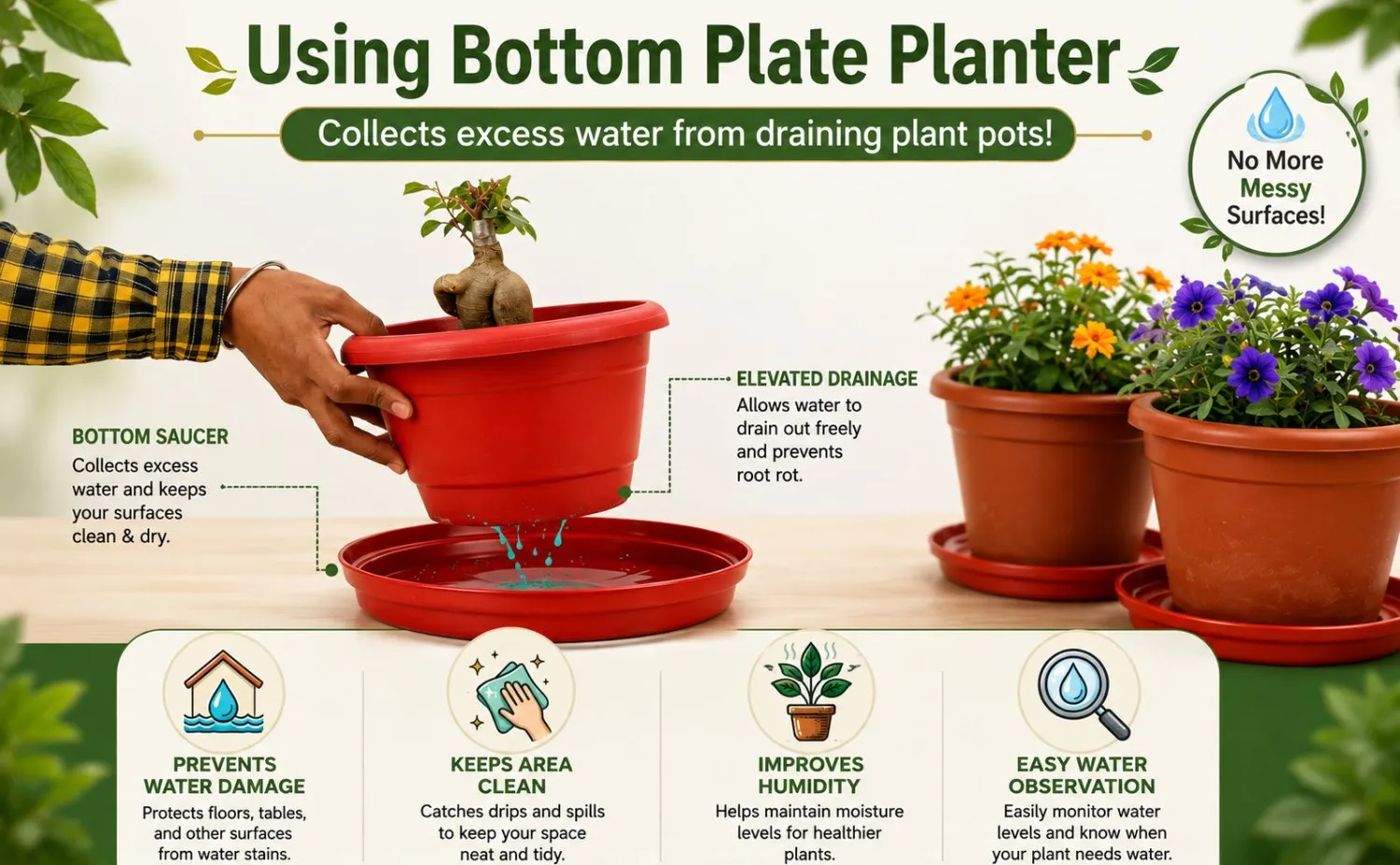 8.25 inch red plastic plant pot tray saucer